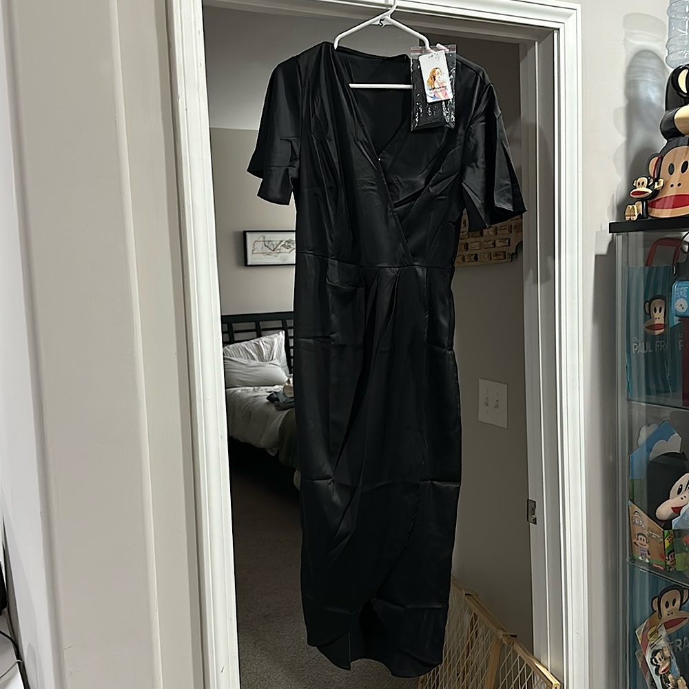 PrettyGarden black satin look belted dress medium